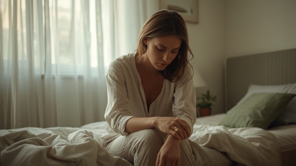 Woman sitting on the edge of her bed in soft morning light, looking down, quietly exhausted