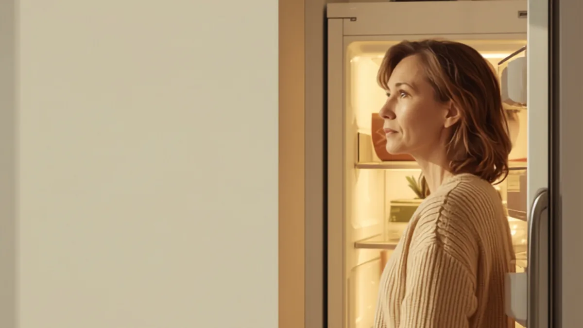 A woman in her early forties stands at an open fridge in a warm-lit kitchen, pausing as if she has forgotten why she came in.