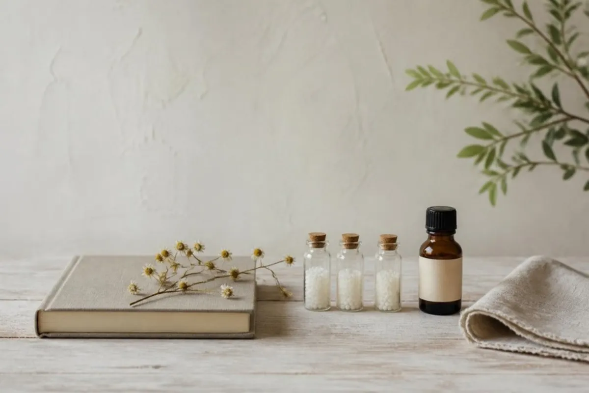 A calm still life of small unlabelled glass vials of homeopathic globules, a small amber bottle, a linen notebook and dried chamomile.