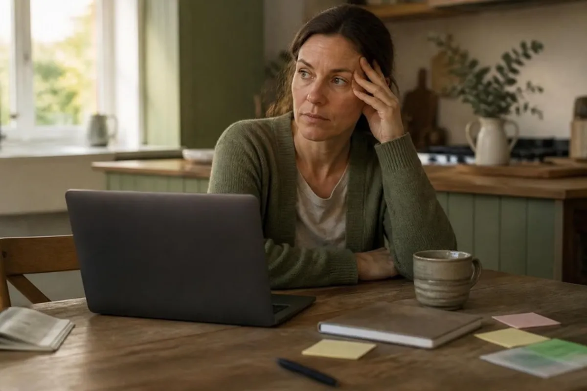 A woman in her forties sits at a kitchen table with a laptop, notebook and tea, resting her head on her hand and looking mentally overloaded.