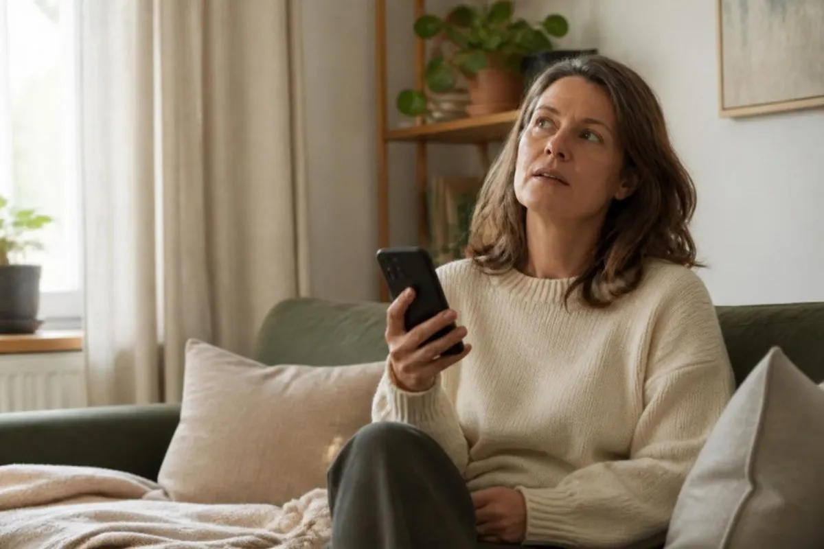 A woman in her forties sits on a sofa holding her phone and looks up, as if she has forgotten what she wanted to search for.