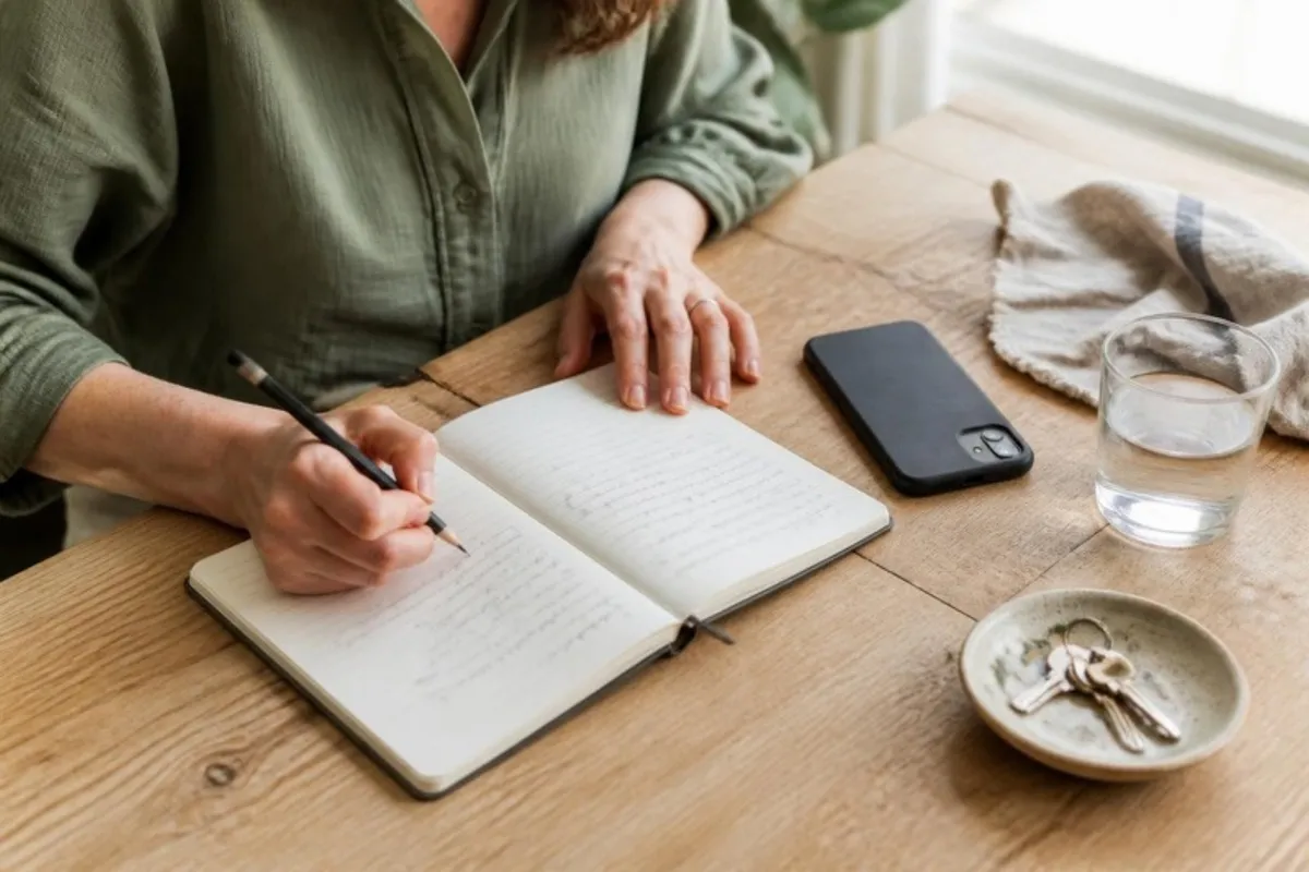 Hands writing a note in a notebook on a wooden table next to a phone, a glass of water and a dish holding house keys.