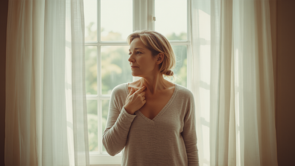 Woman standing by an open window in soft daylight, hand resting at her collarbone, calm after a hot flash passes