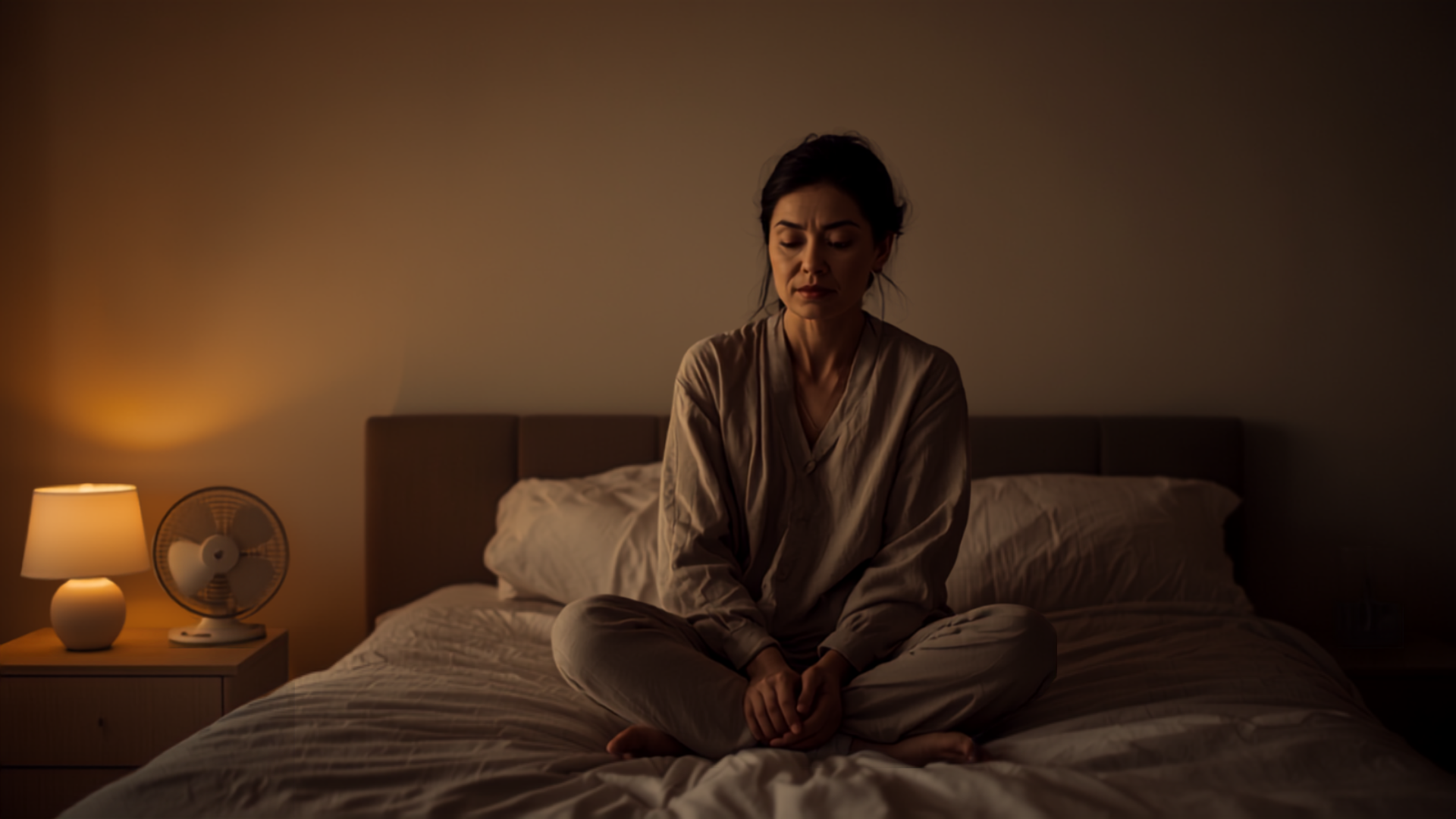 Woman sitting cross-legged on her bed in the evening with a fan and lamp on the nightstand, a calm night-time routine for managing hot flashes